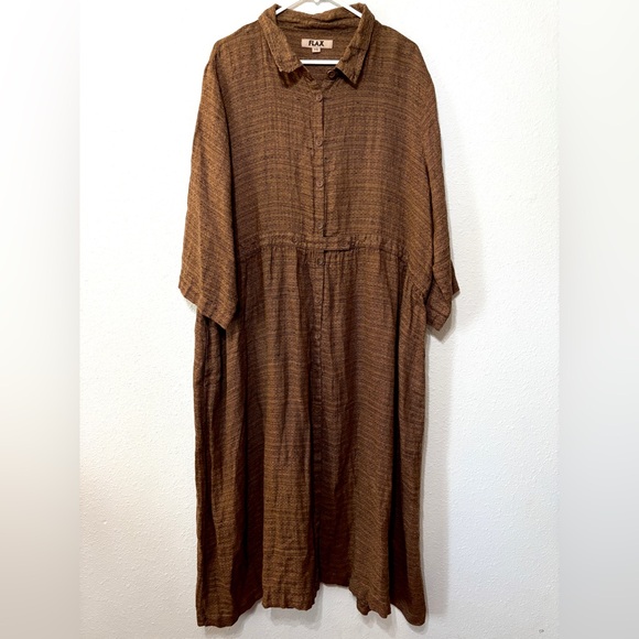 Flax Dresses & Skirts - FLAX Brown Black Mottled Collared Button Front Heavyweight Linen Maxi Dress 1X